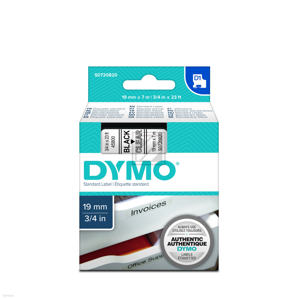 S0720820 DYMO D1 Schriftband 19mm schwarz klar 7 Meter