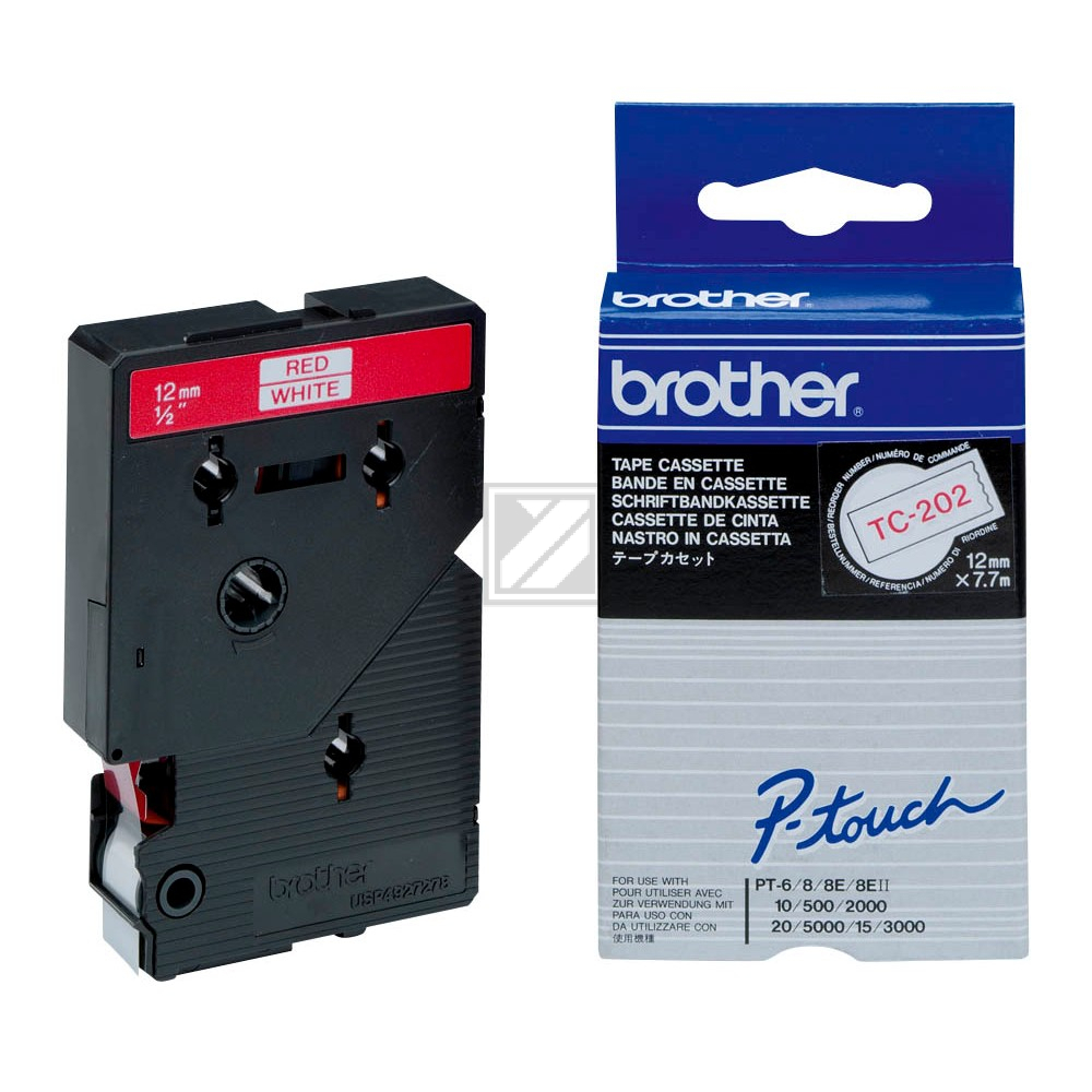 TC202 BROTHER PT Schriftband 12mm weiss rot 7,7 Meter laminiert