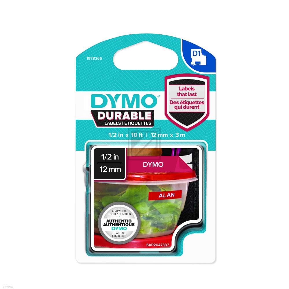 1978366 DYMO D1 Schriftband 12mm rot weiss 3 Meter permanent Vinyl