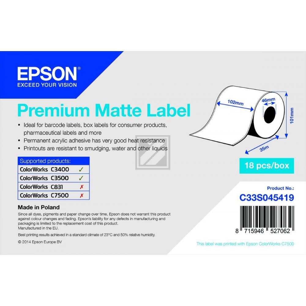 C33S045419 EPSON Etikettenrolle 102mm 35 Meter weiss premium matt