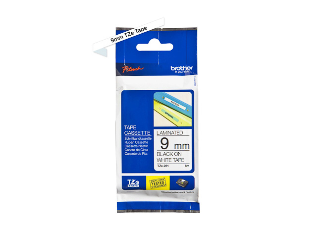 TZE221 BROTHER PTOUCH 9mm WEISS-SCHW Schriftband 8m laminiert