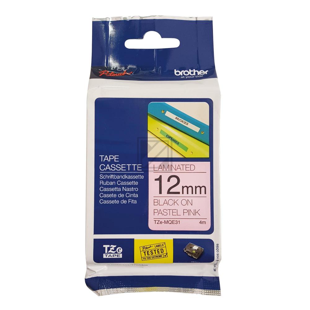 TZEMQE31 BROTHER PT Schriftband 12mm schwarz rosa 4 Meter laminiert
