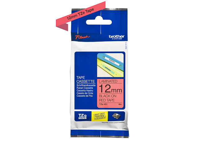 TZE431 BROTHER PTOUCH 12mm ROT-SCHWARZ Schriftband 8m laminiert