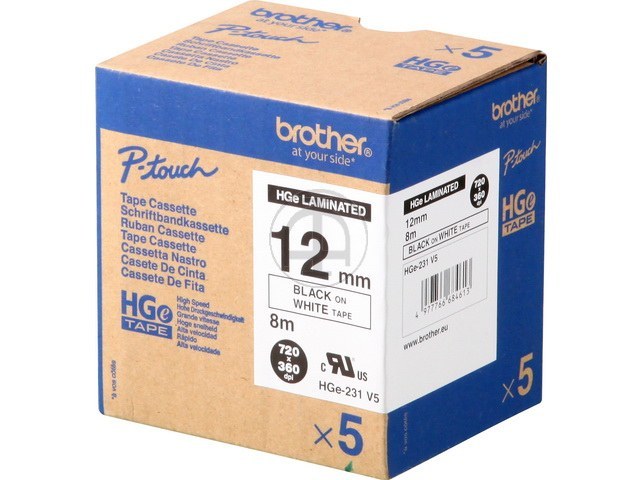 HGE231 BROTHER PTOUCH 12mm(5)WEISS-SCH Schriftband 8m laminiert