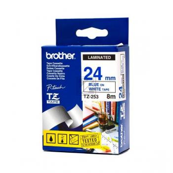 TZE253 BROTHER PT Schriftband 24mm weiss blau 8 Meter laminiert