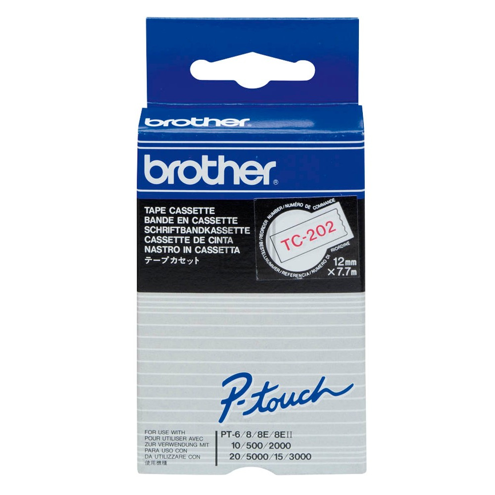 TC202 BROTHER PT Schriftband 12mm weiss rot 7,7 Meter laminiert
