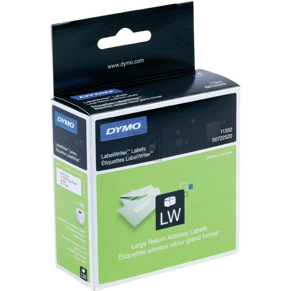 S0722520 DYMO 11352 Ruecksendeetiketten 25x54mm weiss schwarz 500 Stück Papier