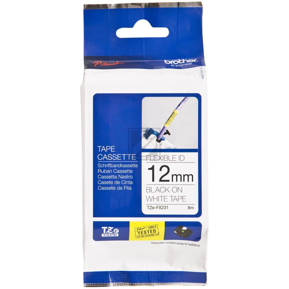 TZEFX231 BROTHER PT Schriftband 12mm weiss schwarz 8 Meter laminiert