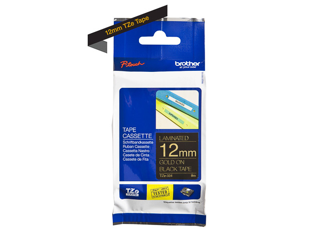 TZE334 BROTHER PTOUCH 12mm SCHWARZ-GOLD Schriftband 8m laminiert