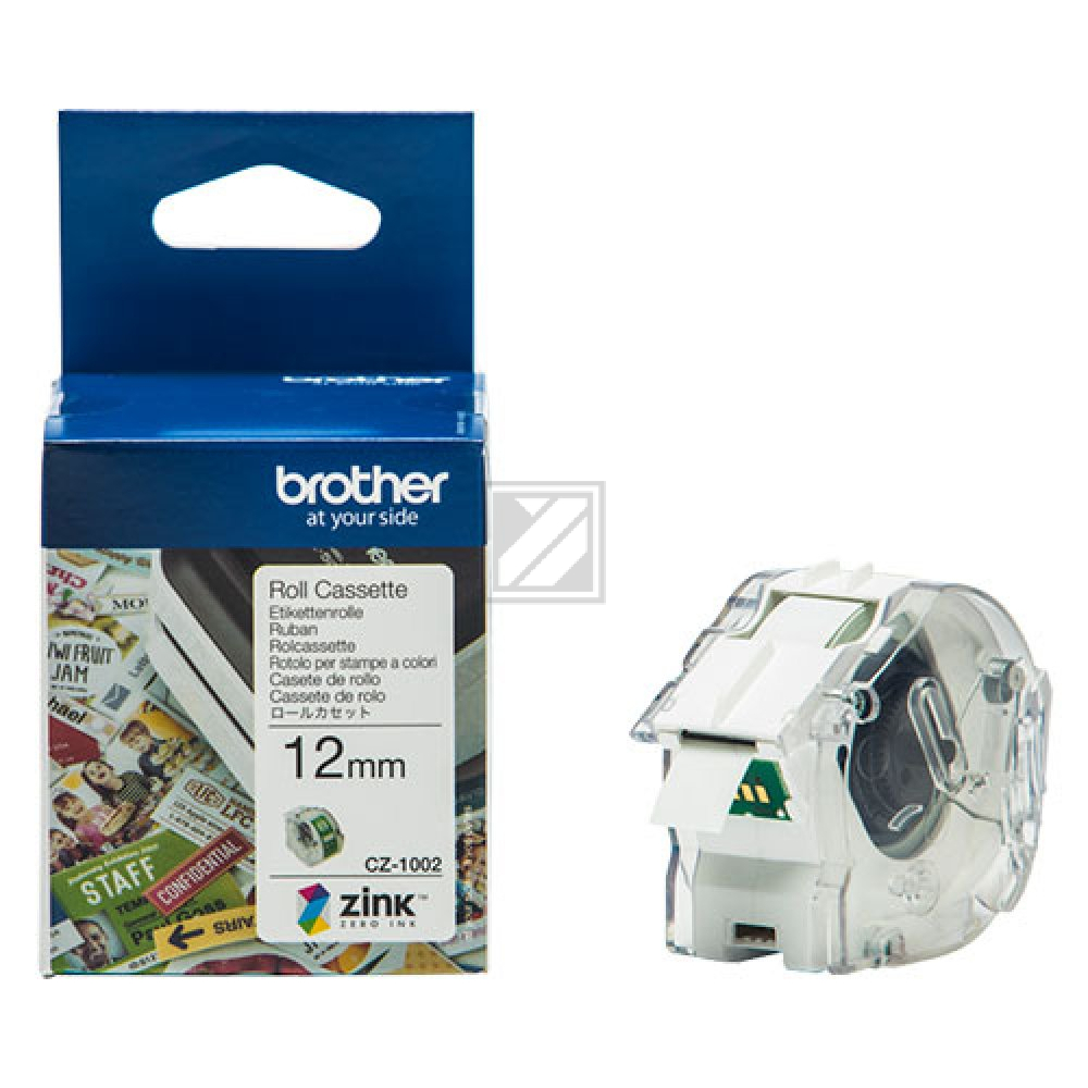 CZ1002 BROTHER PT Etikettenrolle 12mm weiss farbig 5 Meter permanent