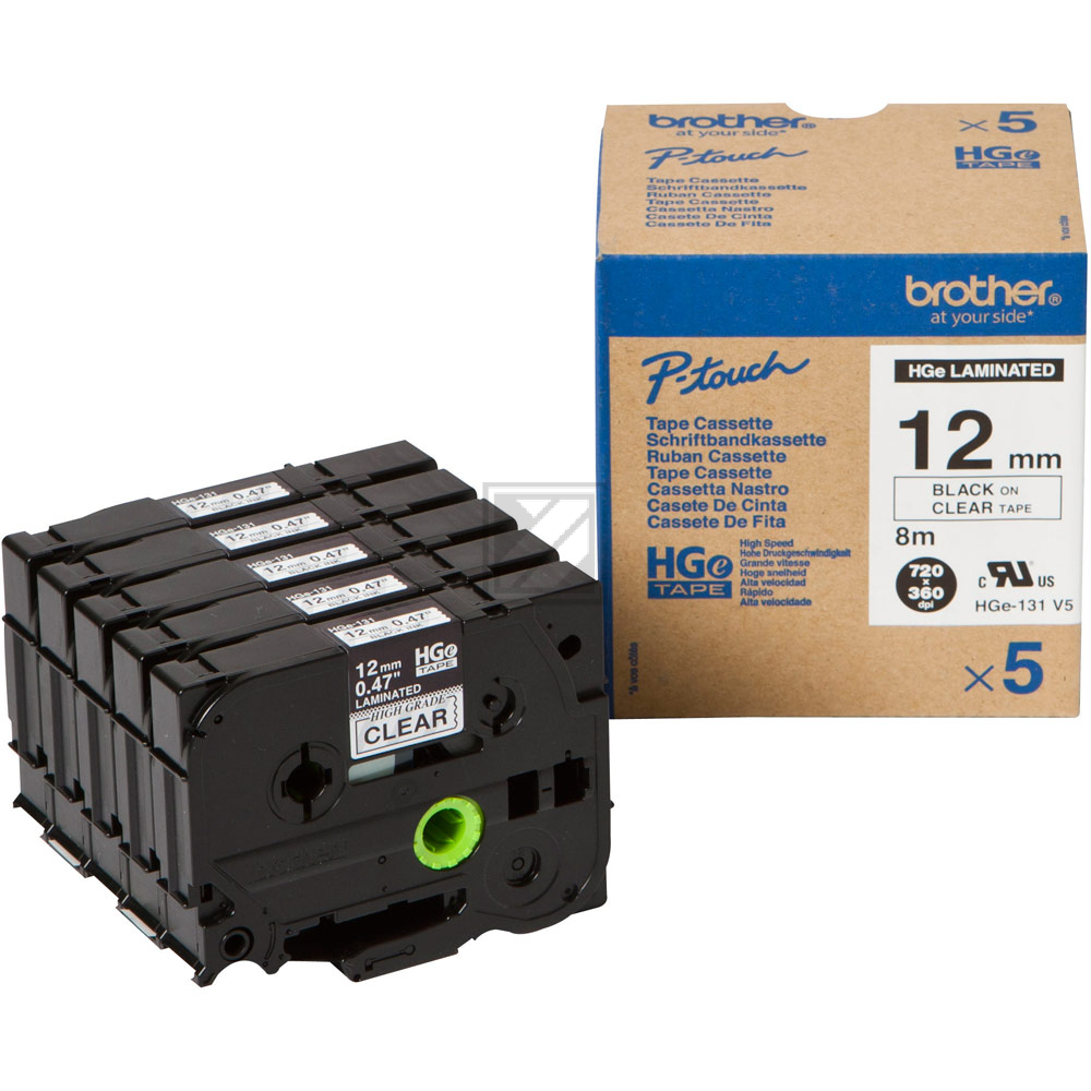 HGE131V5 BROTHER PT Schriftband (5) 12mm klar schwarz 5x8 Meter laminiert
