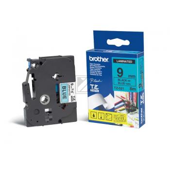 TZE521 BROTHER PT Schriftband 9mm blau schwarz 8 Meter laminiert