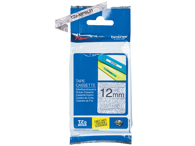 TZEMPSL31 BROTHER PT 12mm SCHWARZ-SILBER Schriftband 4m laminiert