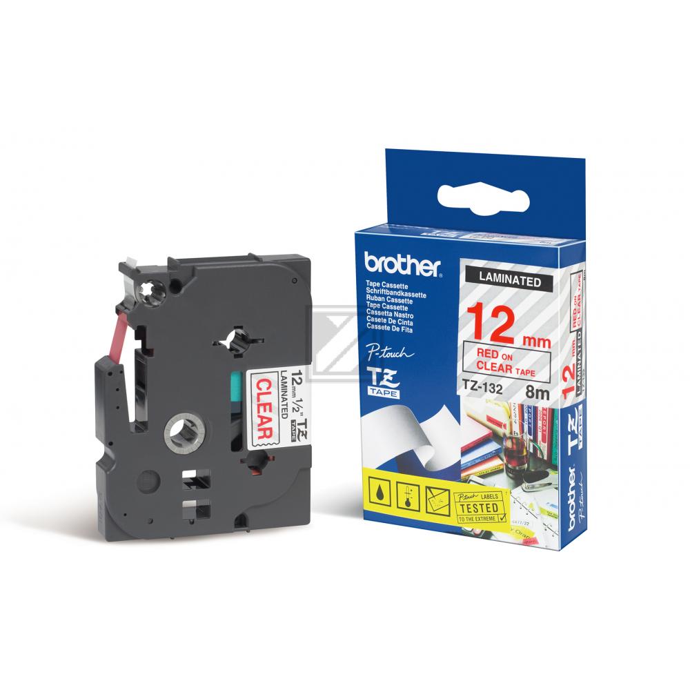 TZE132 BROTHER PT Schriftband 12mm klar rot 8 Meter laminiert