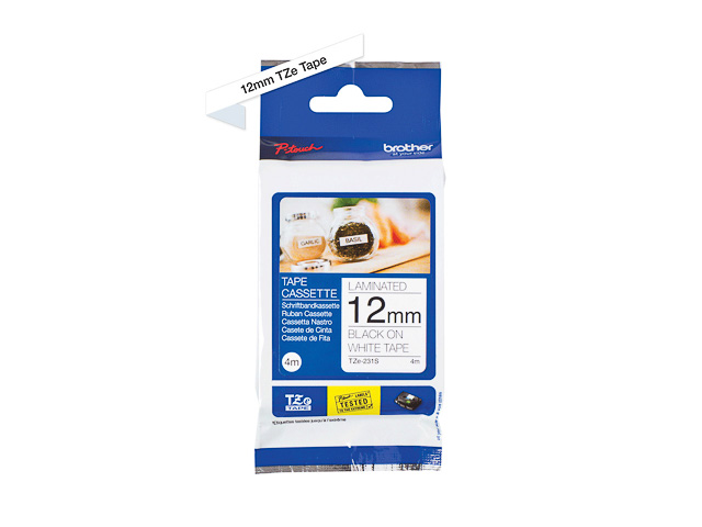 TZE231S BROTHER PTOUCH 12mm WEISS-SCHW Schriftband 4m laminiert