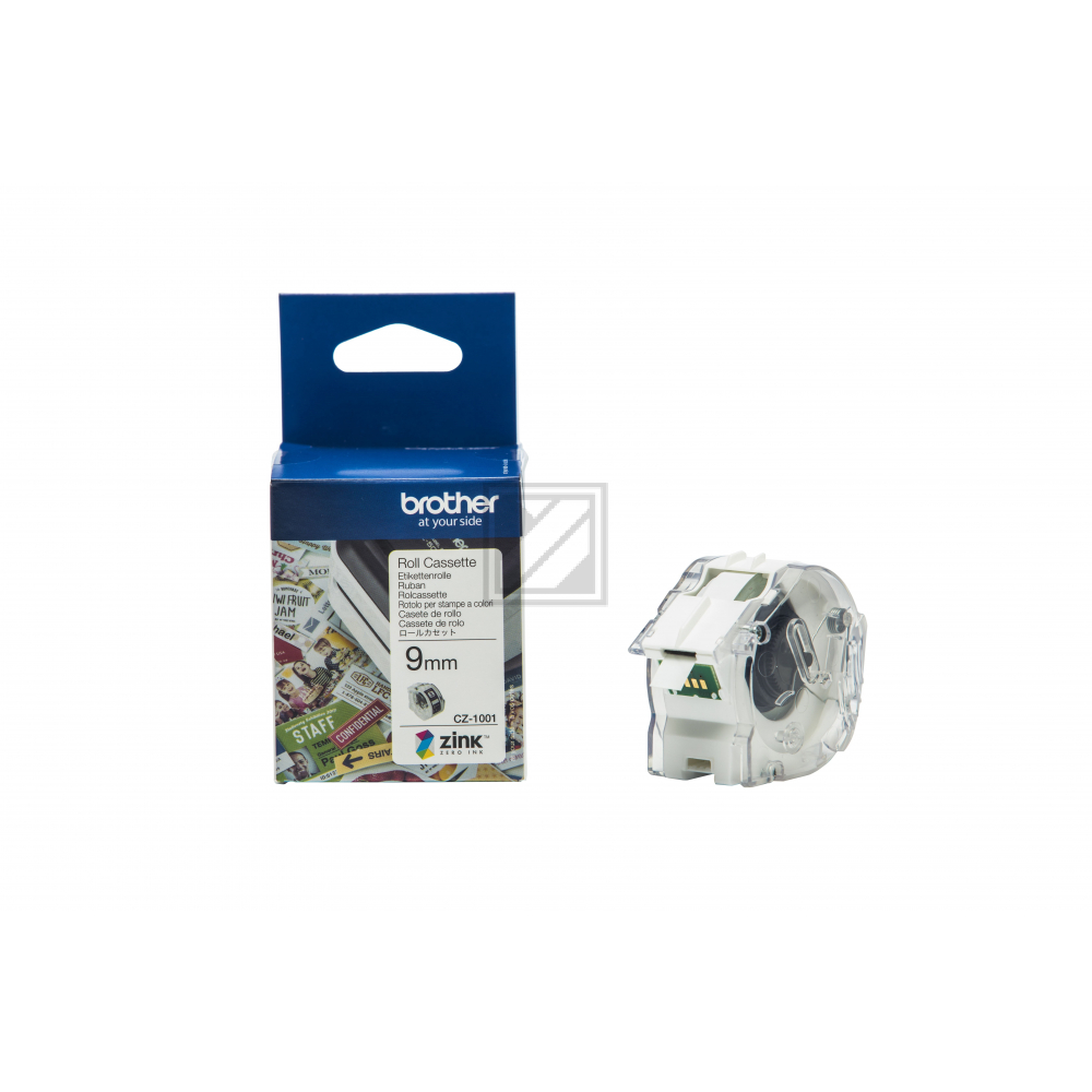 CZ1001 BROTHER PT Etikettenrolle 9mm weiss farbig 5 Meter permanent