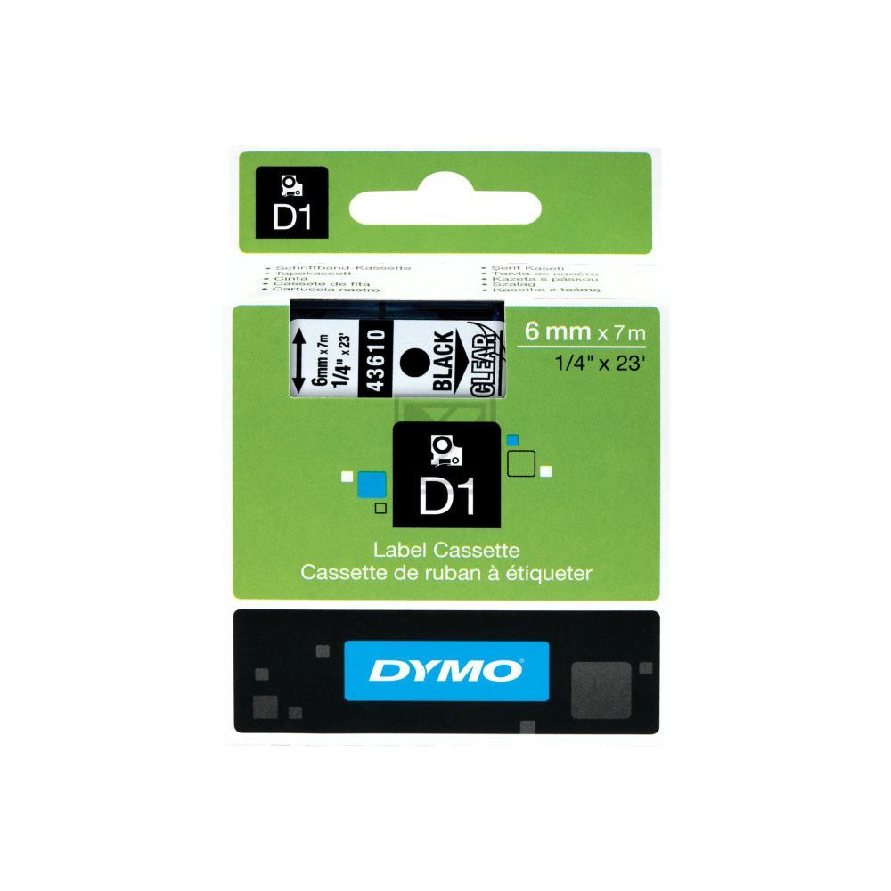 S0720770 DYMO D1 Schriftband 6mm schwarz klar 7 Meter 43610