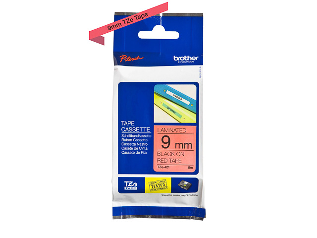 TZE421 BROTHER PTOUCH 9mm ROT-SCHWARZ Schriftband 8m laminiert