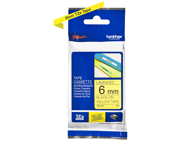 TZE611 BROTHER PTOUCH 6mm GELB-SCHWARZ Schriftband 8m laminiert
