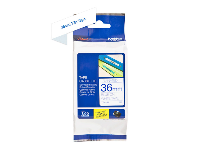 TZE263 BROTHER PTOUCH 36mm WEISS-BLAU Schriftband 8m laminiert