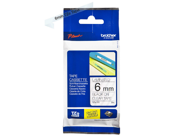 TZE111 BROTHER PTOUCH 6mm KLAR-SCHWARZ Schriftband 8m laminiert