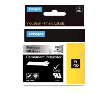 18485 DYMO IND Schriftband 9mm schwarz metallgrau 5,5 Meter PES