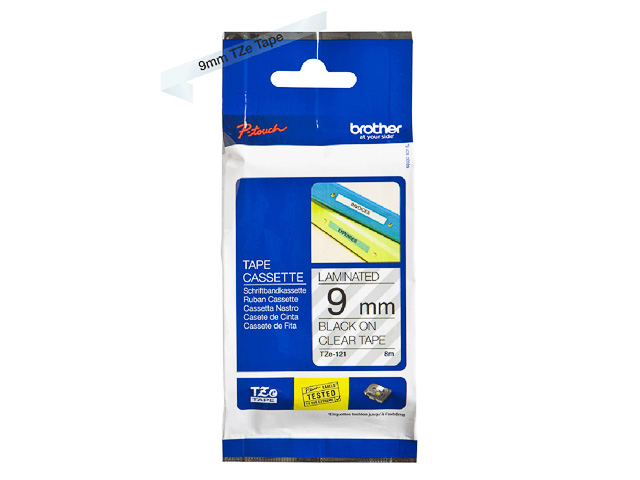 TZE121 BROTHER PTOUCH 9mm KLAR-SCHWARZ Schriftband 8m laminiert
