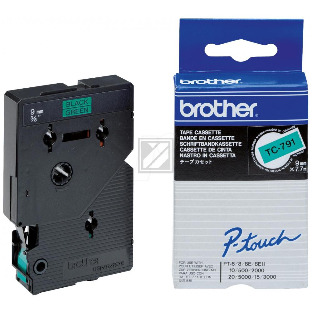 TC791 BROTHER PT Schriftband 9mm gruen schwarz 7,7 Meter laminiert