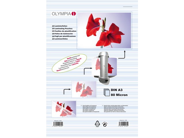 9182 OLYMPIA LAMINIERFOLIEN A3 25Blatt 80mic 472x315x5mm