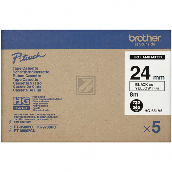 HGE651V5 BROTHER PT Schriftband (5) 24mm gelb schwarz 5x8 Meter laminiert