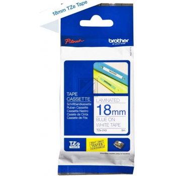 TZE243 BROTHER PT Schriftband 18mm weiss blau 8 Meter laminiert