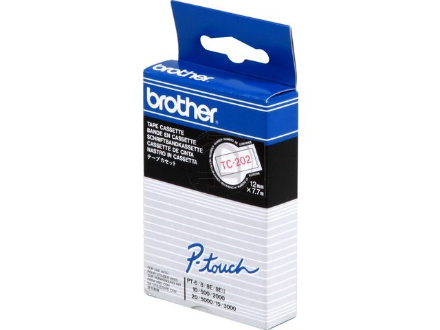 TC202 BROTHER PTOUCH 12mm WEISS-ROT Schriftband 7,7m laminiert