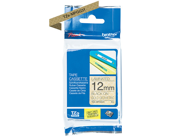 TZEMPGG31 BROTHER PT 12mm SCHWARZ-GOLD Schriftband 4m laminiert geometrisch