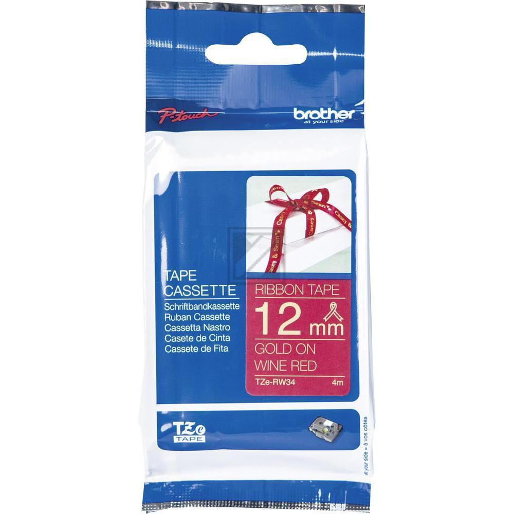 TZERW34 BROTHER PT Schriftband 12mm gold rot 4 Meter nicht klebend Textil