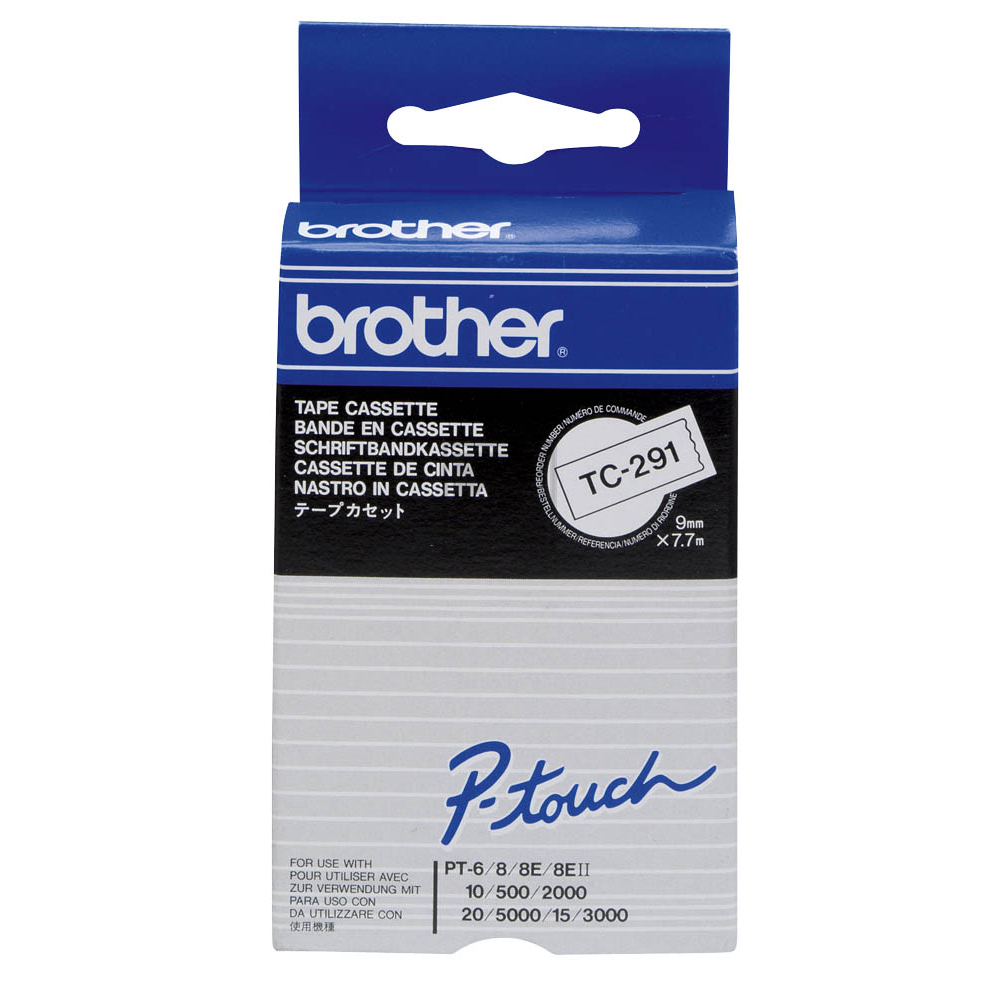 TC291 BROTHER PT Schriftband 9mm weiss schwarz 7,7 Meter laminiert