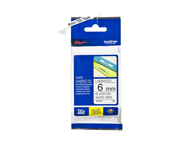 TZE211 BROTHER PTOUCH 6mm WEISS-SCHW Schriftband 8m laminiert
