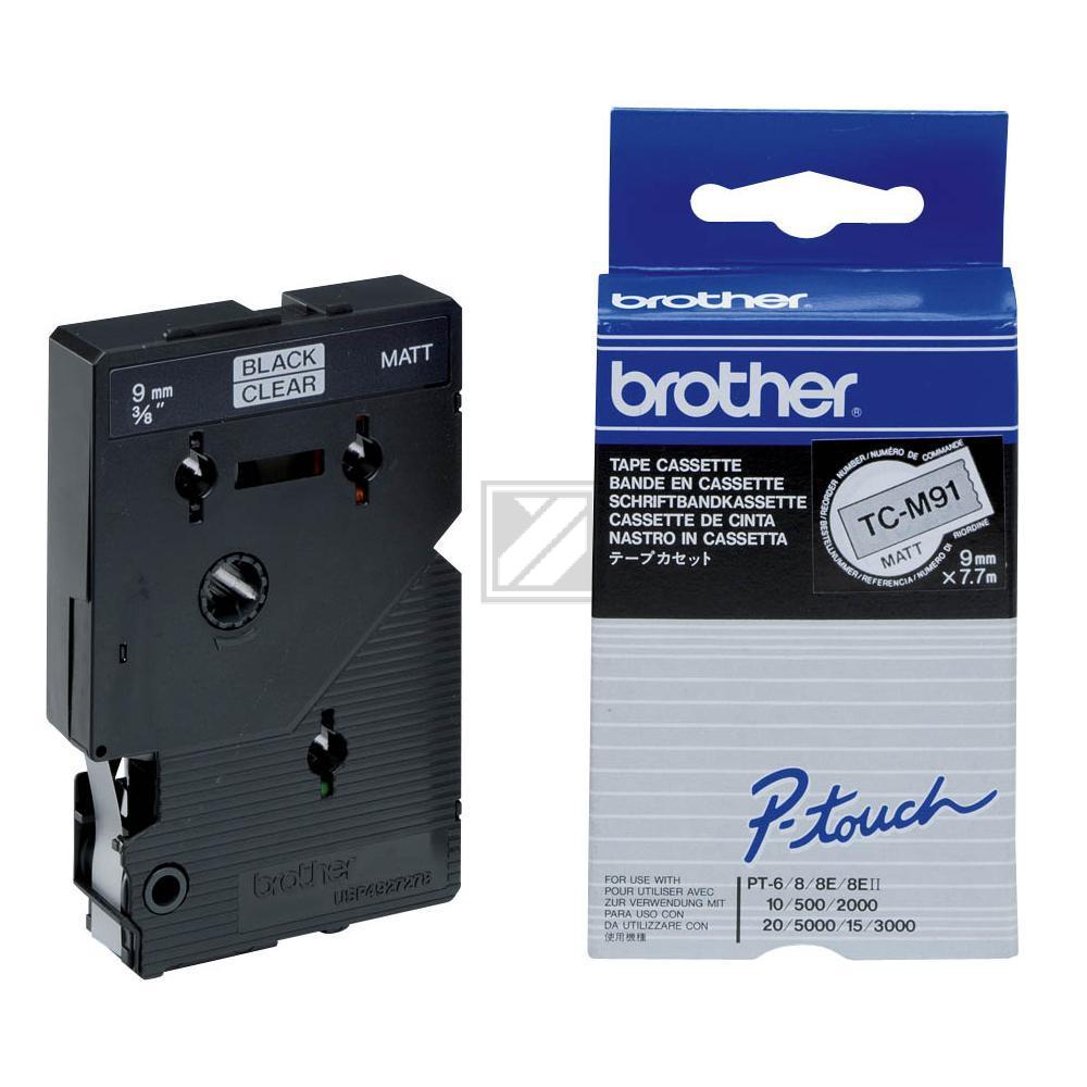 TCM91 BROTHER PT Schriftband 9mm klar matt schwarz 7,7 Meter laminiert