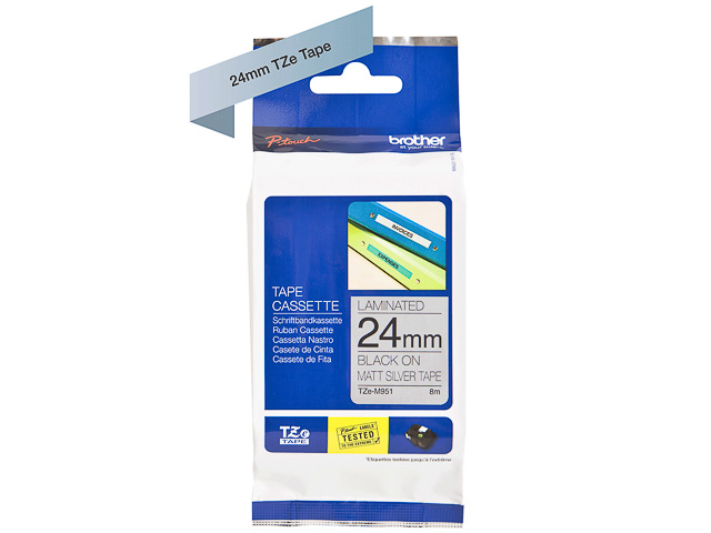 TZEM951 BROTHER PTOUCH 24mm SILBER-SCHW Schriftband 8m laminiert