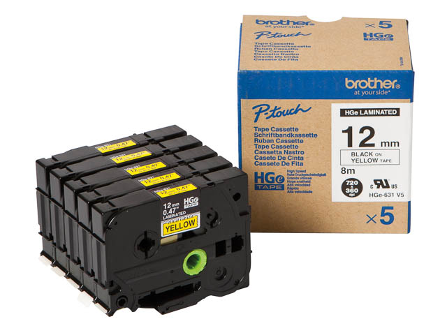 HGE631V5 BROTHER PTOUCH 12mm(5) GELB-SCH Schriftband 8m laminiert