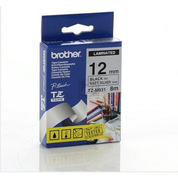 TZEM931 BROTHER PT Schriftband 12mm silber schwarz 8 Meter laminiert matt