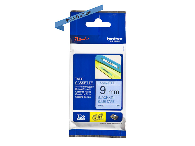 TZE521 BROTHER PTOUCH 9mm BLAU-SCHWARZ Schriftband 8m laminiert