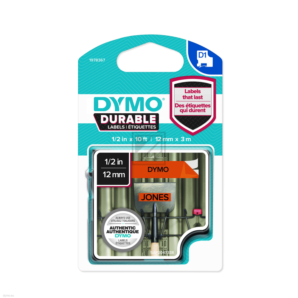 1978367 DYMO D1 Schriftband 12mm orange schwarz 3 Meter permanent Vinyl