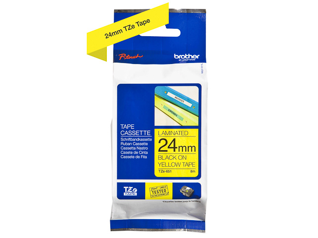 TZE651 BROTHER PTOUCH 24mm GELB-SCHWARZ Schriftband 8m laminiert