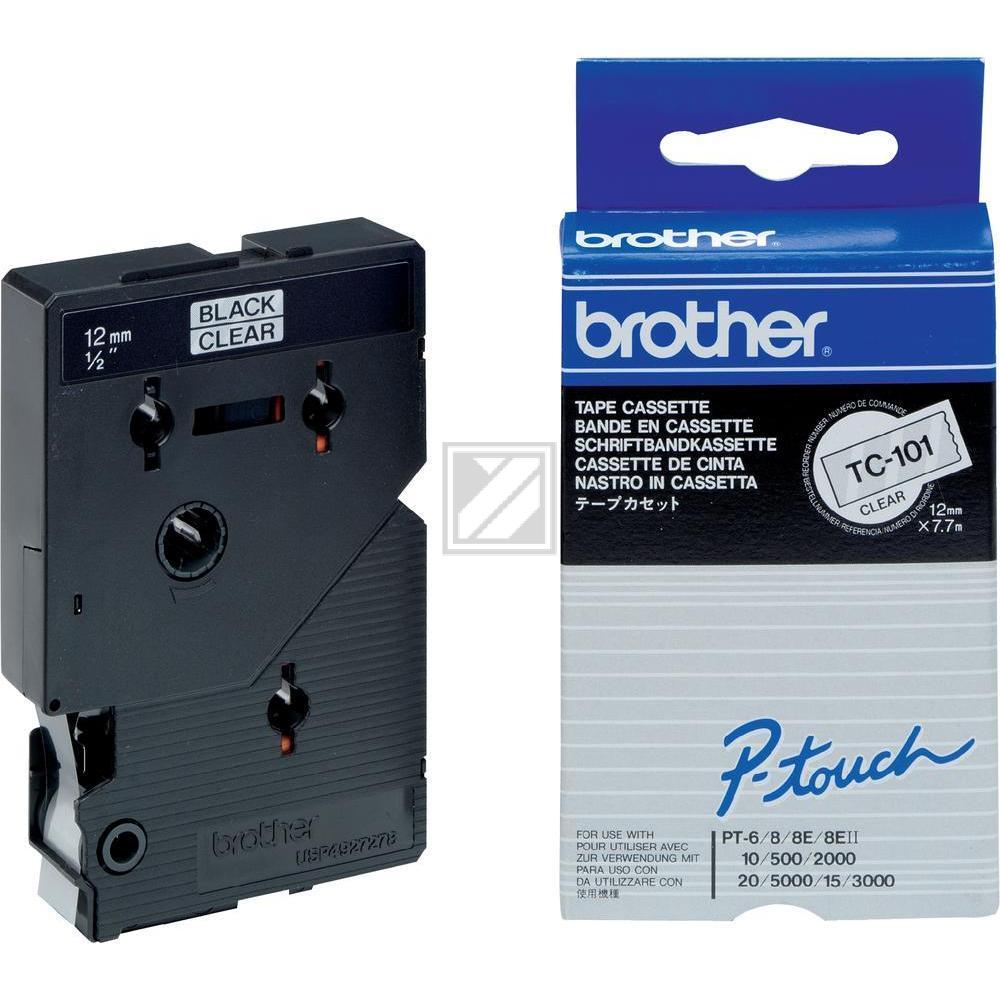 TC101 BROTHER PT Schriftband 12mm klar schwarz 7,7 Meter laminiert