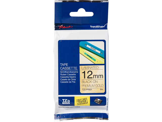 TZEPR831 BROTHER PT 12mm SCHWARZ-GOLD Schriftband 8m laminiert