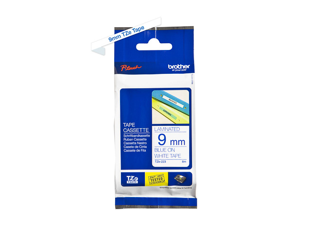 TZE223 BROTHER PTOUCH 9mm WEISS-BLAU Schriftband 8m laminiert