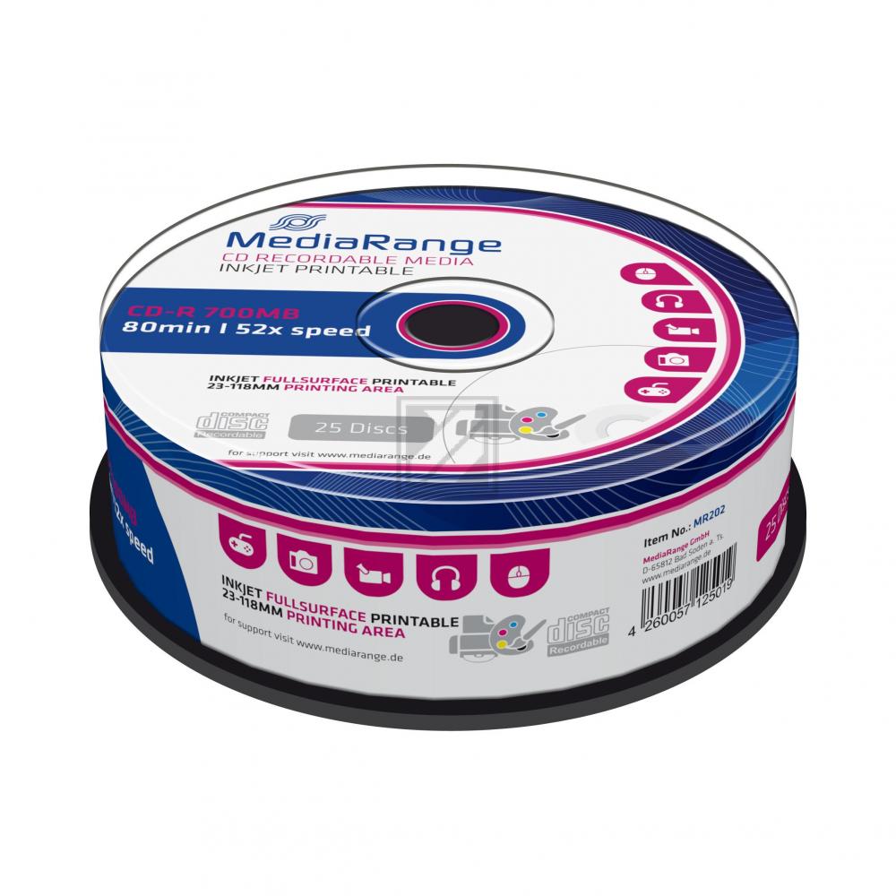 MEDIARANGE CDR80 700MB 52x IW (25) CB MR202 Cake Box inkjet printable