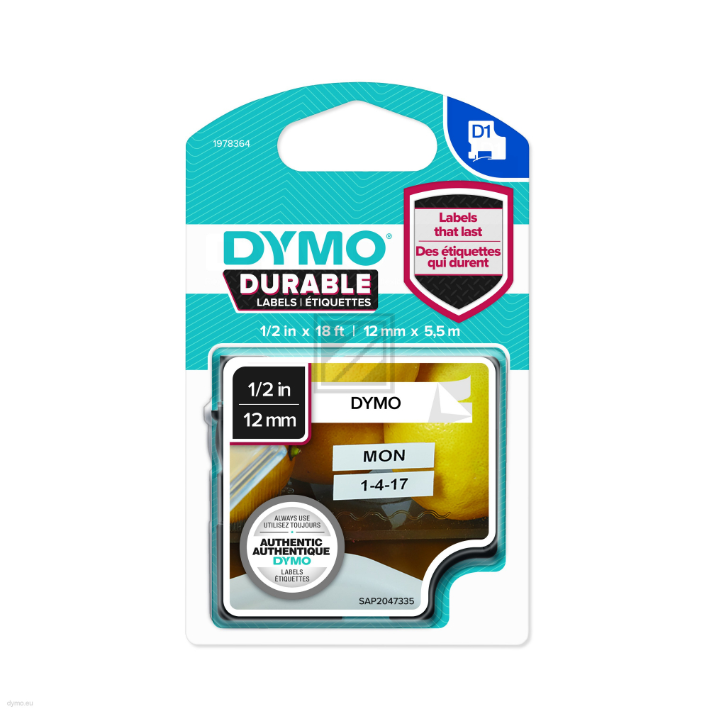 1978364 DYMO D1 Schriftband 12mm schwarz weiss 3 Meter permanent Vinyl