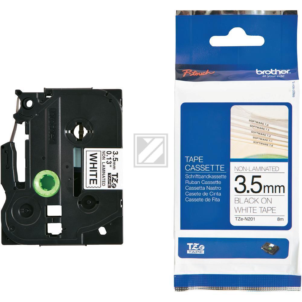 TZEN201 BROTHER PT Schriftband 3,5mm weiss schwarz 8 Meter nicht laminiert