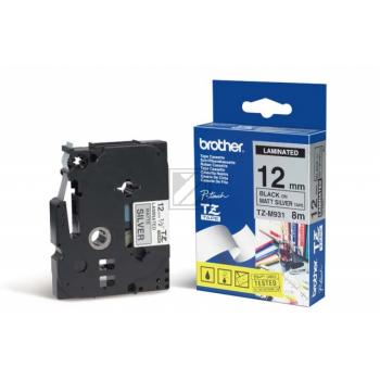 TZEM931 BROTHER PT Schriftband 12mm silber schwarz 8 Meter laminiert matt